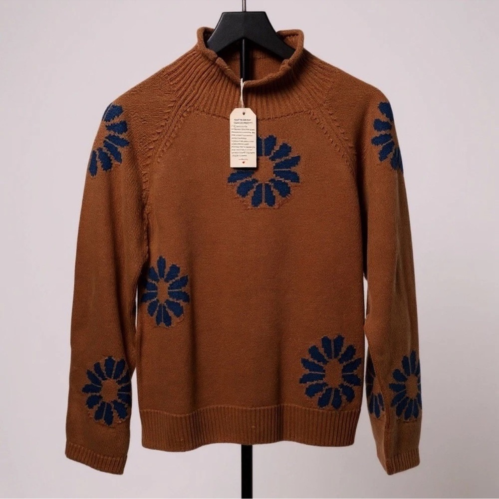 Elegant Brown Sweater with Blue Floral Accents
